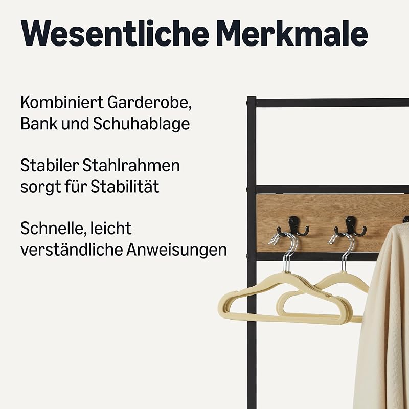 Bank für den Eingangsbereich mit Haken, Garderobenständer, Kleiderständer, Flurgarderobe mit Schuhfach, 34cm x 72cm x 182cm, Eiche