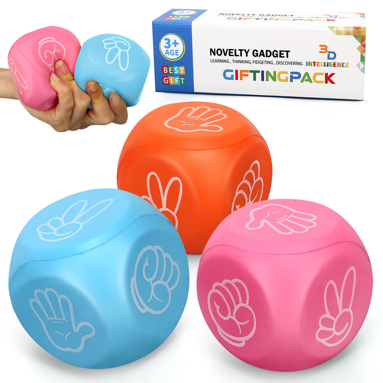 Foam Dice Squeeze Toy, 7cm Foam Fidget Toy for Finger Guessing Game, 6 Sided Rock Paper Scissors Game Dice for Adults Kids Stress Relief, Goodie Bag Filler Classroom Prize Learning Essential 3PCS