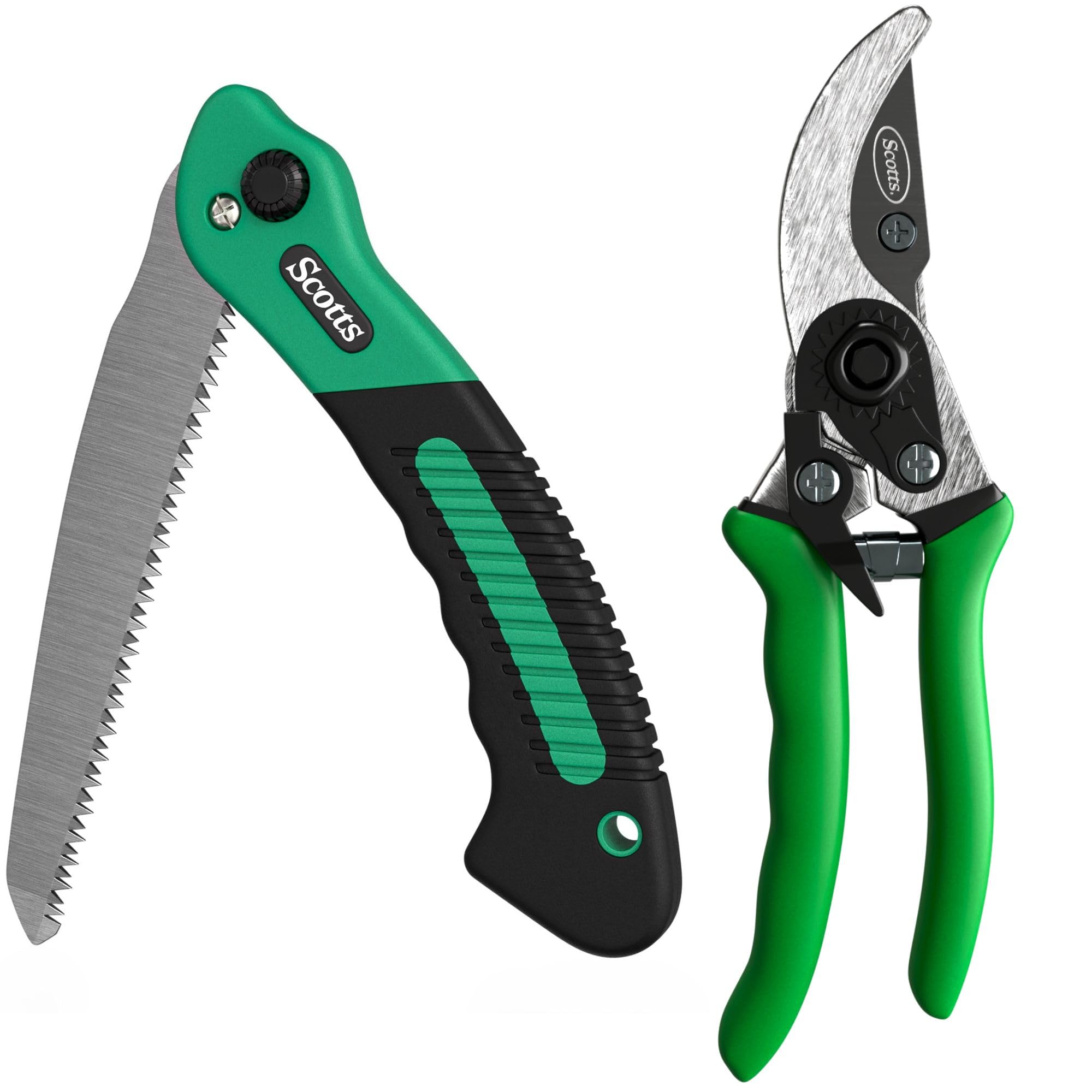 Photo 1 of Scotts 2-Piece Pruning Tool Set – Includes 8 in. Bypass Pruning Shears for Live Plants and Soft Stems, and 7.5 in. Folding Saw for Cutting Thick Branches
