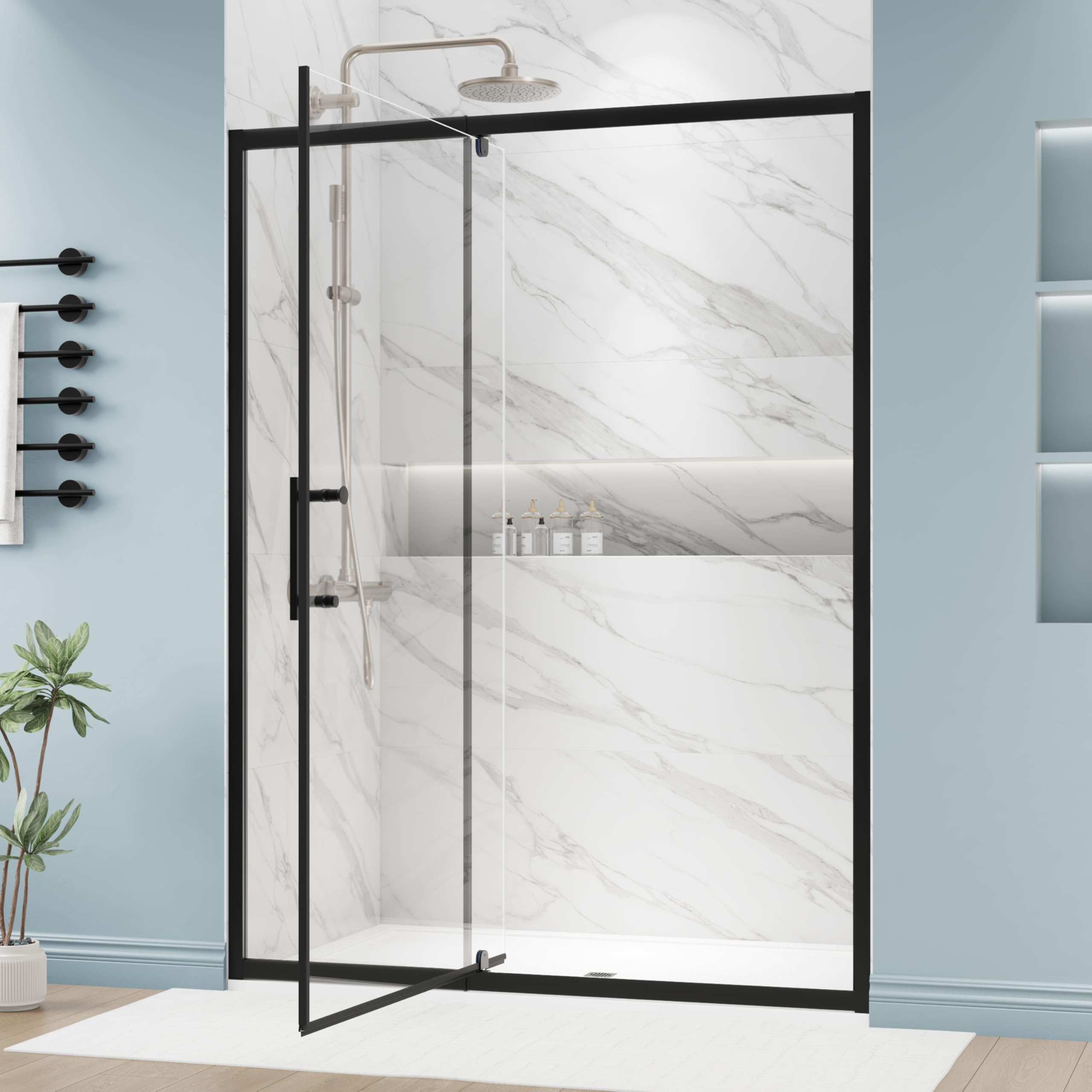 Photo 1 of DELAVIN 56-60.in W x 72.in Semi-Frameless Pivot Shower Door, Adjustable Swing Glass Shower Door, Water Repellent Shower Door, Black Shower Door with SGCC Clear Tempered Glass, Explosion-Proof Film
