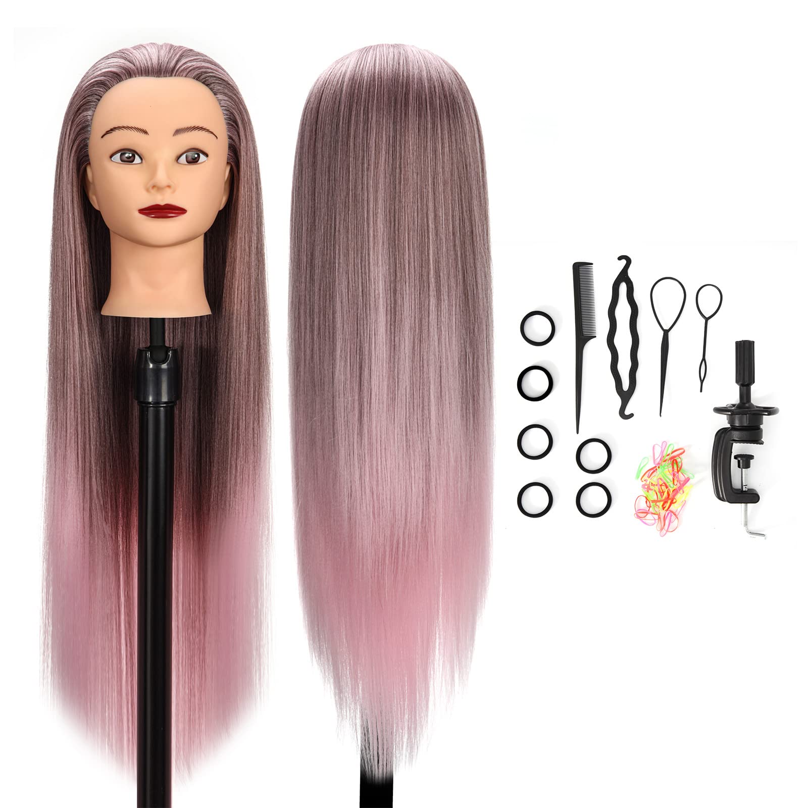 GUANJUNE Mannequin Head, Hairdressing Traning Head Hairdresser,26-28 Inch 100% Synthetic Fiber Cosmetology Doll Head with Clamp Holder+Hair Accessoires Set,Presents for Girls(Gradient Pink)