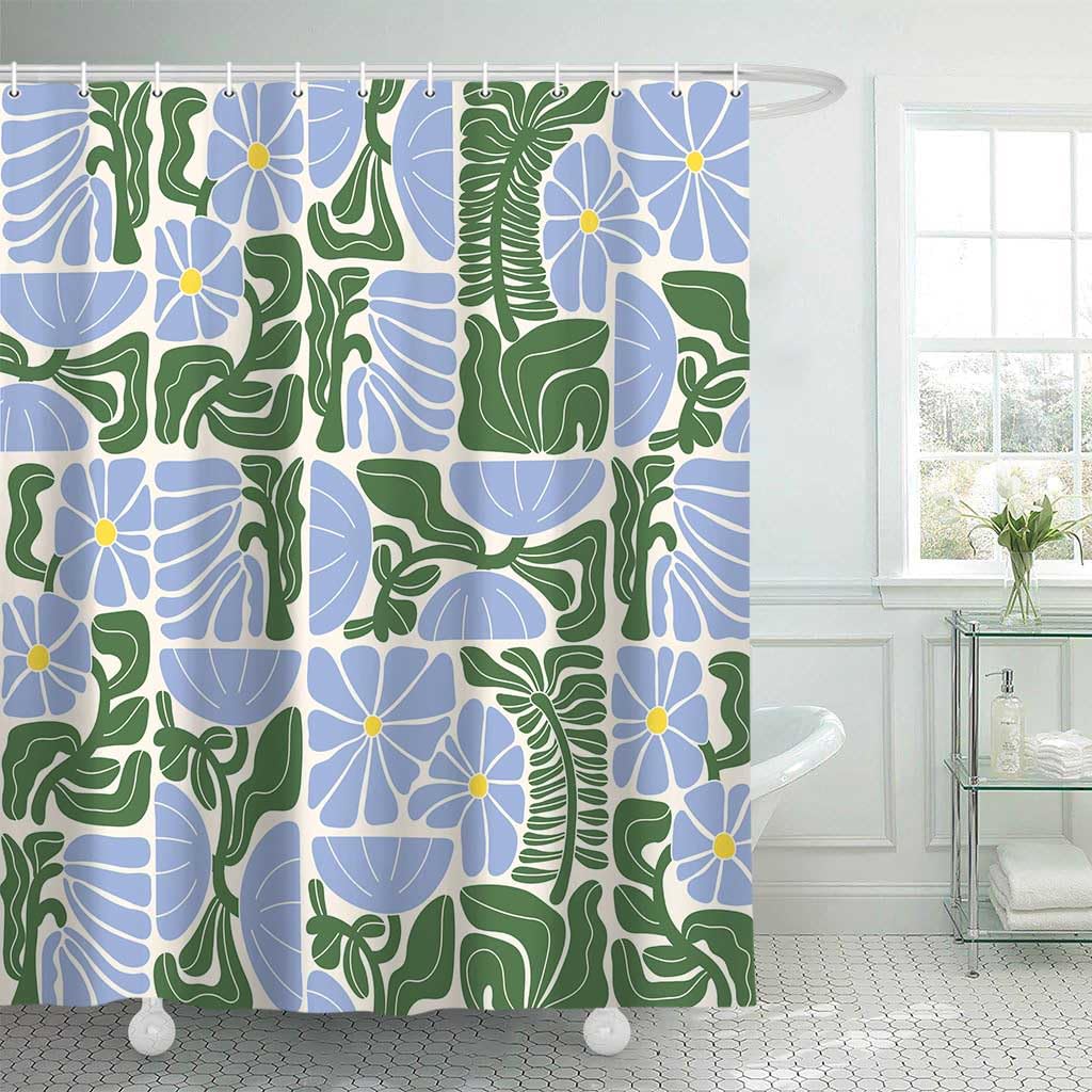 Photo 1 of DeeCabin Boho Abstract Colorful Floral Shower Curtain, Vintage Retro Patchwork Blue Green Flower Botanical Geometric Aesthetic Groovy Bathroom Decor Shower Curtain Set with 12 Hooks, 70X85IN