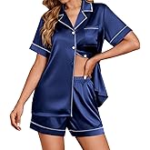 Ekouaer Womens Satin Silk Pajamas Set Short Sleeve Sleepwear Button Down Top and Shorts Loungewear 2 Piece Pjs Set S-XXL