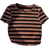 RoseSeek Women's Striped Colorblock T Shirt Short Sleeve Crew Neck Ribbed Knit Crop Tops