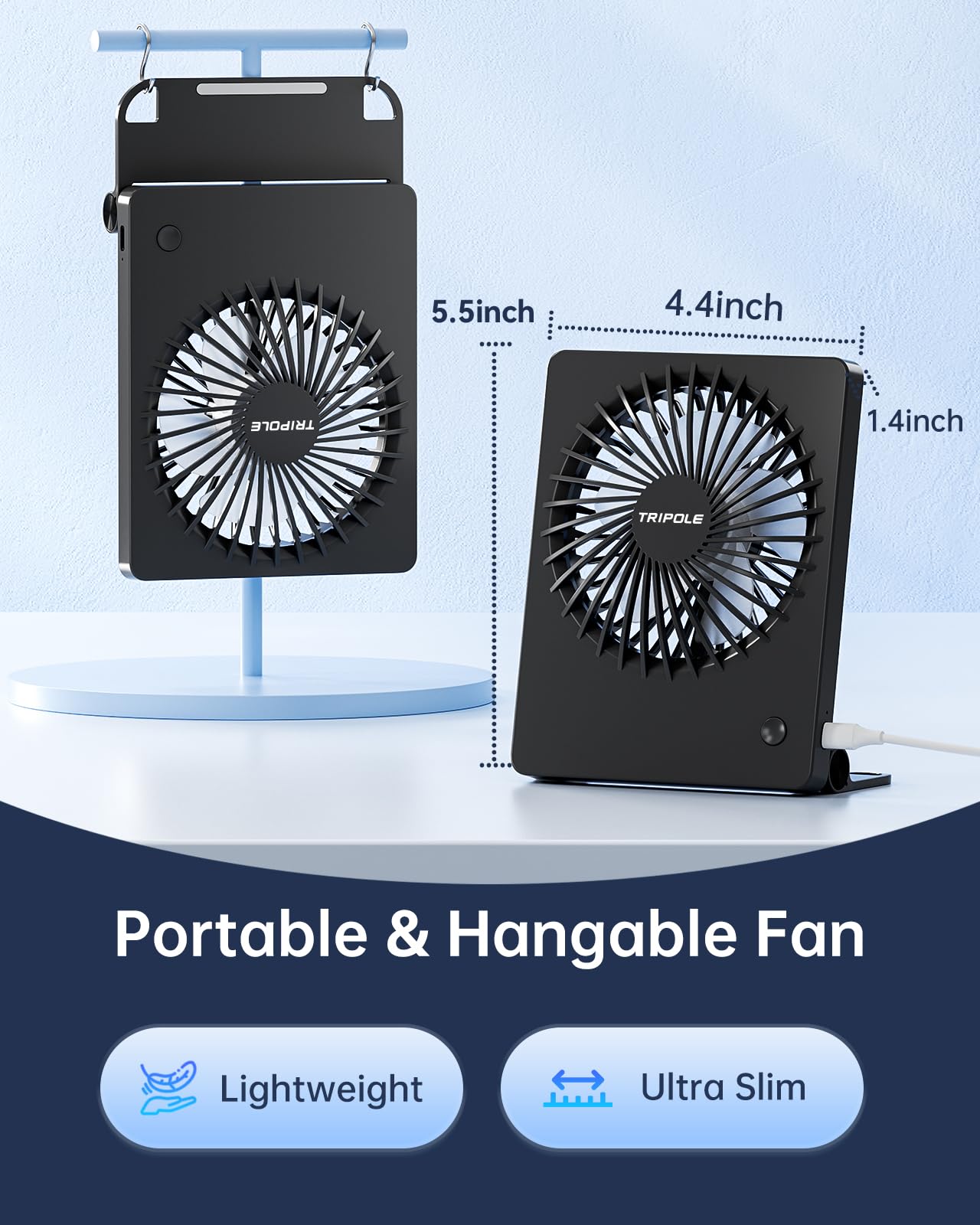 TriPole Mini Desk Fan USB Powered Portable Fan Small Personal Fan 3 Speeds Strong Airflow Table Fan for Travel Home Office Bedroom Desktop, 3.3ft Cable (No Battery, Black)