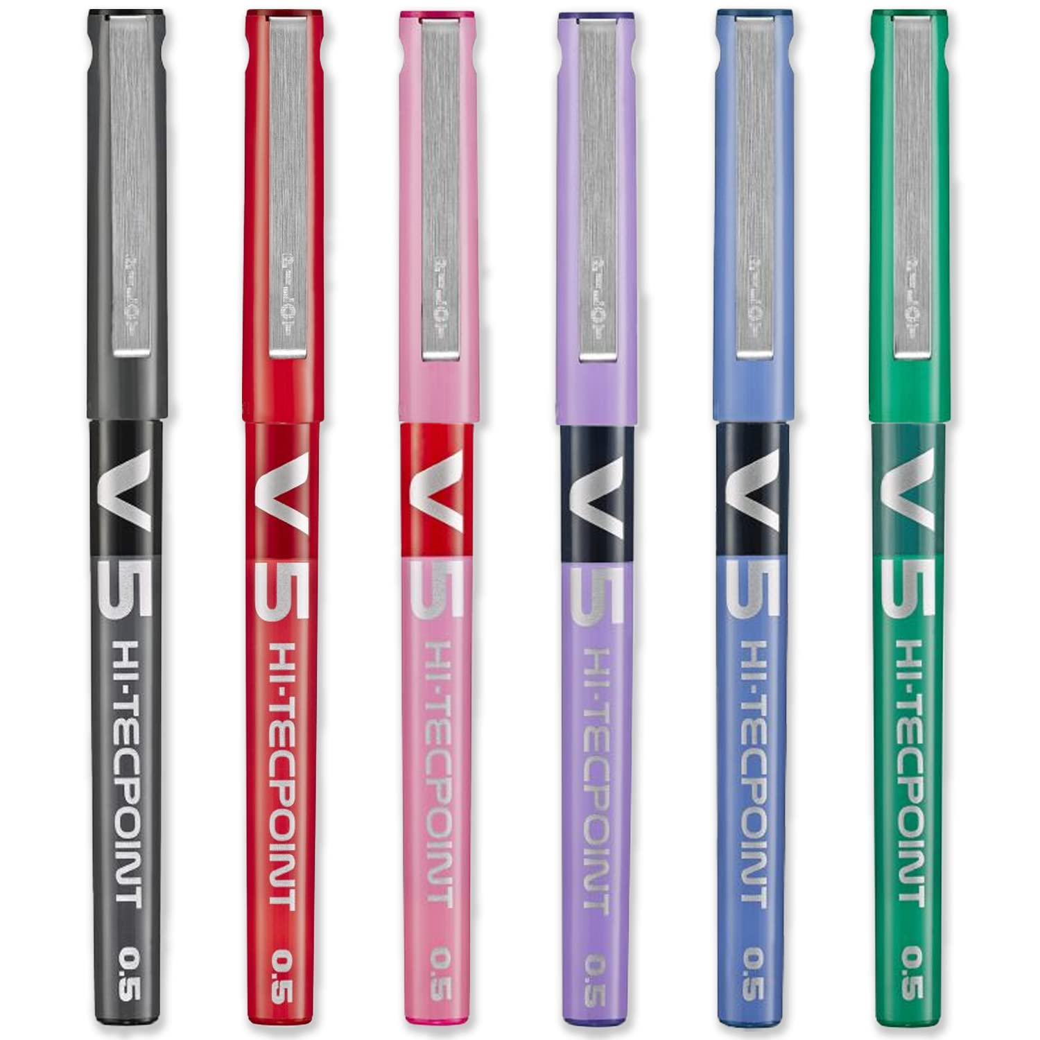 PILOT V5 Hi-Tecpoint Rollerball Pen - Fine 0.5mm Nib Tip - 0.3mm Line Width - Pack of 6 - Black, Blue, Red, Green, Violet & Pink