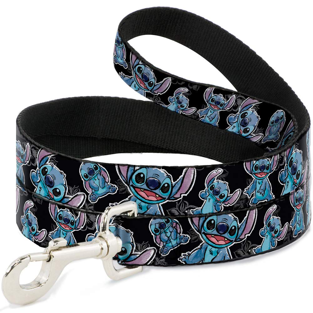 Disney Pet Leash, Dog Leash, Stitch Poses Hibiscus Sketch Black Gray Blue, 6 Feet Long 0.5 Inch Wide