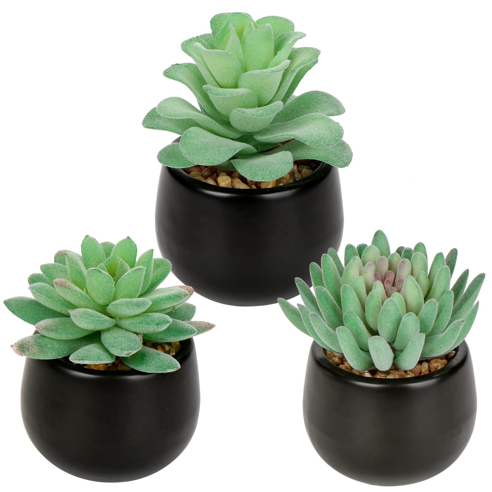 Hollyone 3 pcs Fake Succulent Plants Artificial Succulents in Black Ceramic Pots, Faux Flocking Succulents for Room Home Bathroom Bedroom Office Kitchen Living Room Desk Decoration