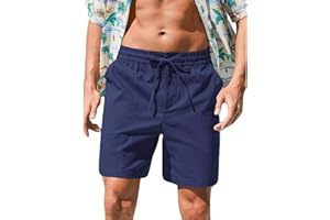 RQP Mens Cotton Linen Shorts Casual Drawstring 7inch Inseam Shorts Stretch Summer Beach Wear