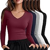 Oakgarden 5 Pack Women's Long Sleeve Under Scrubs V Neck Fitted Undershirts Basic Layering Tops for Nurse