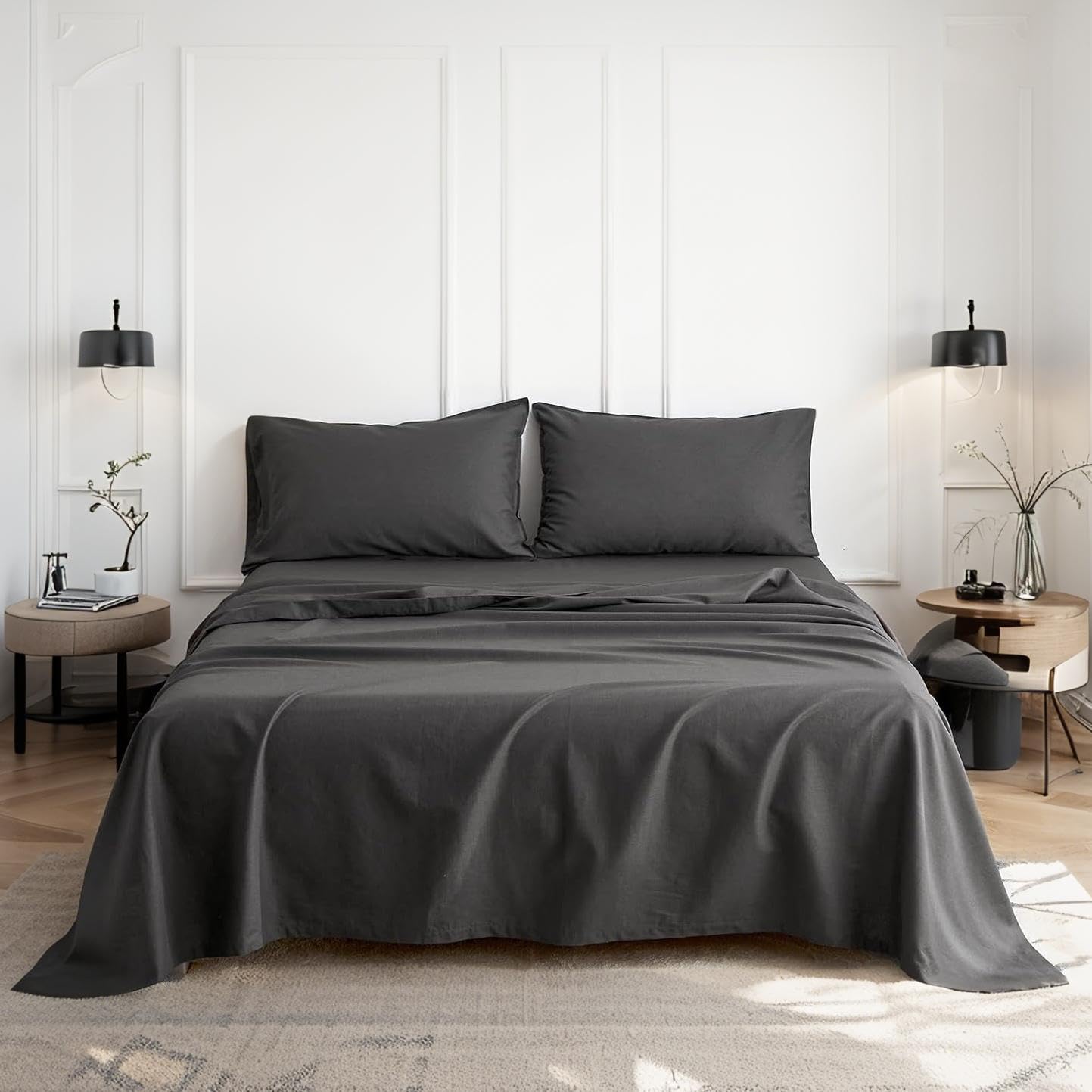 Simple&Opulence Flat Sheet, 55% Linen 45% Cotton Basic Style Super Soft Flat Top Bed Sheet, 255 x 270 cm, Dark Grey