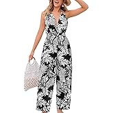 CUPSHE Women's Jumpsuit Tropical V Neck Sleeveless Floral One Piece Wide Leg Casual Summer Outfits Romper