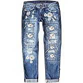 EVALESS Ripped Jeans for Women Plaid Patch Boyfriend Skinny Distressed Denim Jean Pants