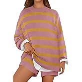 MEROKEETY Women's 2 Piece Sweater Lounge Sets Striped Long Sleeve Shorts Oversized Matching Outfits