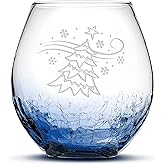 Integrity Bottles Premium Windy Christmas Tree, Stemless Wine Glass, Handblown, Hand Etched Gifts, Sand Carved 18oz (Crackle Blue)