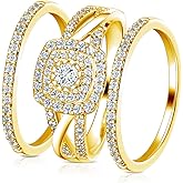 MDFUN Three-in-One ring set Square Halo Wedding Band Set Engagement Ring 18K White/Yellow Gold Plated Cubic Zirconia Promise ring Eternity Ring for Women