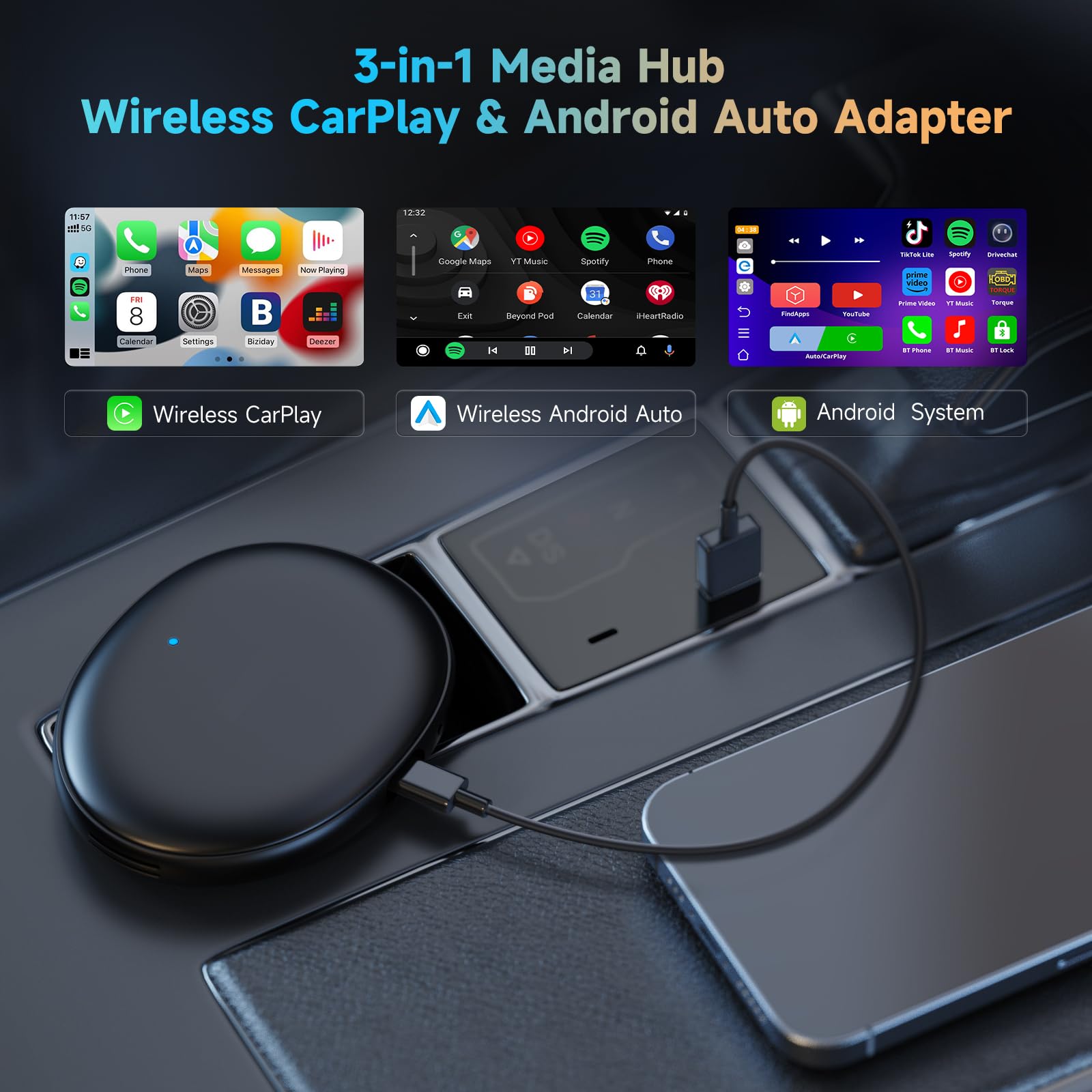 ATOTOZONE AD5 Adattatore Wireless CarPlay & Android Auto, Car Video Box Plug & Play, Aggiornamento 2025 Ai Box CarPlay con Netflix, YouTube, Dual Wi-Fi, Bluetooth, ChatGPT, Nero Grigio