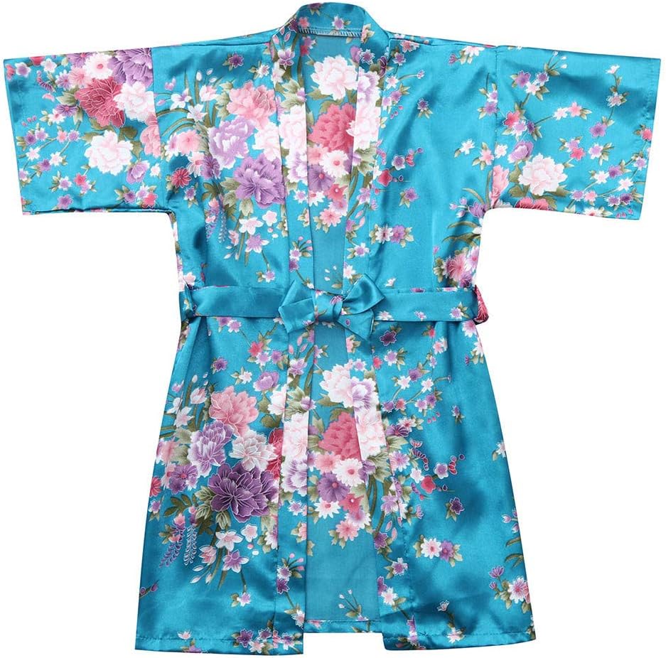 Lanhui Toddler Baby Kid Girls Floral Silk Satin Kimono Robes Cherry Blossoms Bathrobe Home Casual Sleepwear
