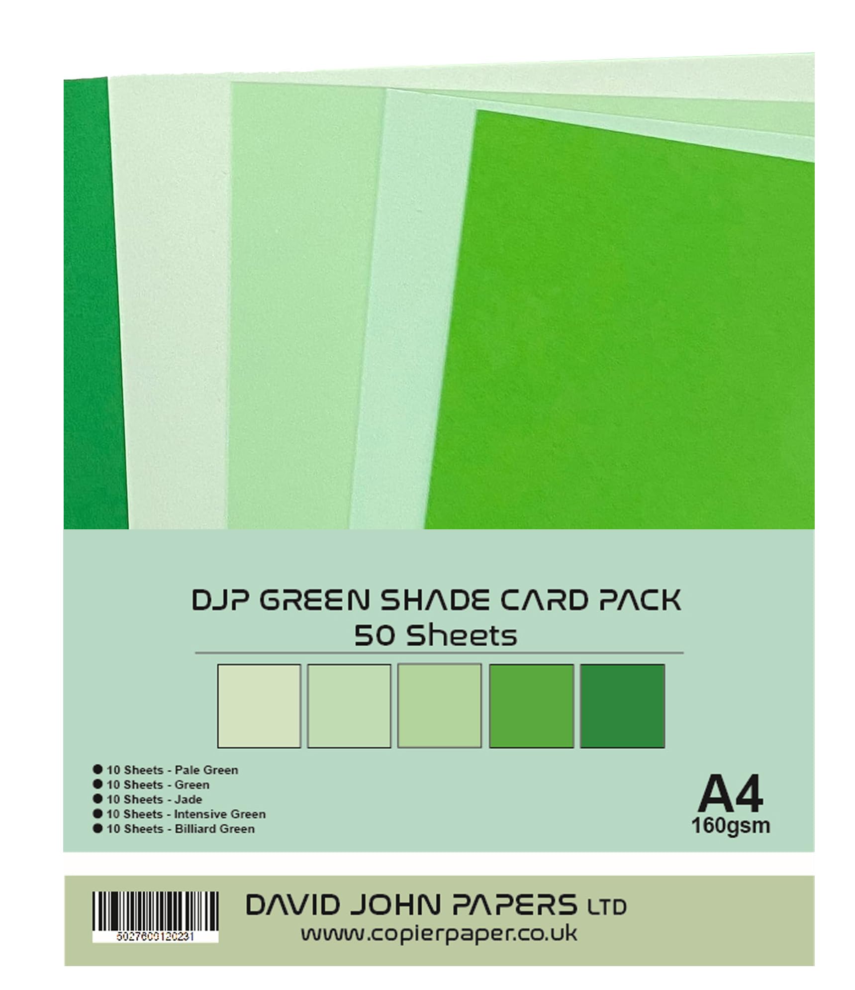 DJP 160GM Green Shade Card Pack - 5 Colours, 50 Sheets - 10 Each Colour