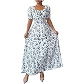 Verdusa Women's Boho Floral Flowy Maxi Dress Puff Sleeve Milkmaid Dress Ruched Bust Flared Summer Wedding Guest Dresses