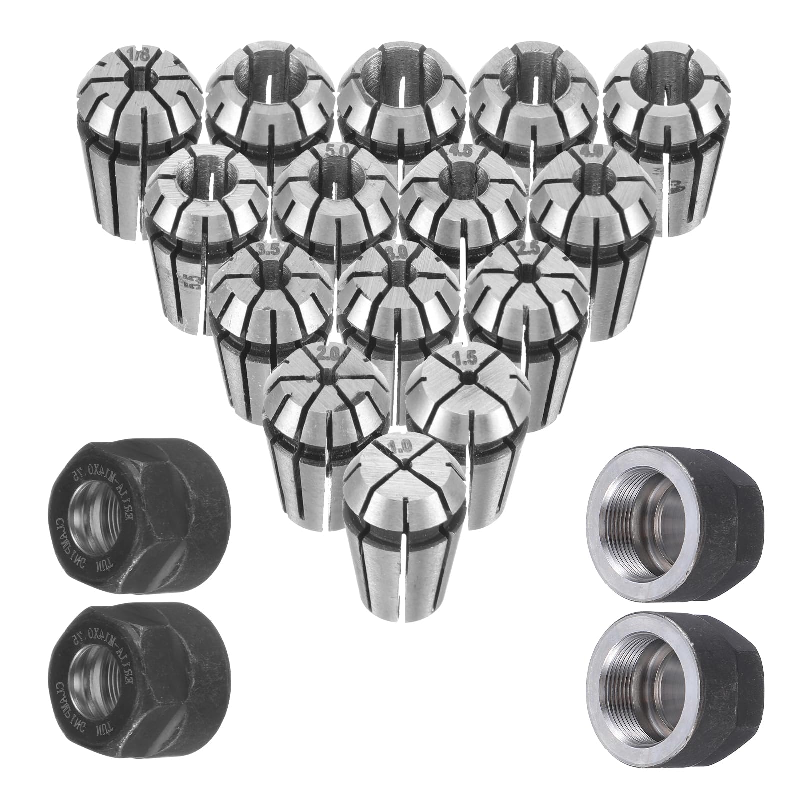 Photo 1 of 19 Pcs ER11 Spring Collet Set Er11 A M14 Thread Collet Clamping Nuts ER11 Precision Spring Collet Set for CNC Engraving Milling Lathe Chuck Tool, 1.0mm-7.0mm and 1/4, 1/8
