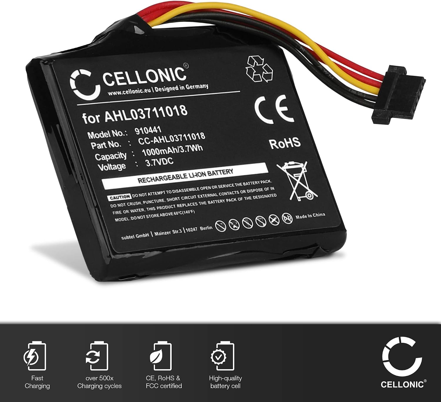 CELLONIC 1x Battery for GPS/Navigation Compatible with TomTom Go Live 2050 World, GO Live 1005 Europe, GO 1005, 4CQ02 - (1000mAh, 3.7V) - Image 3