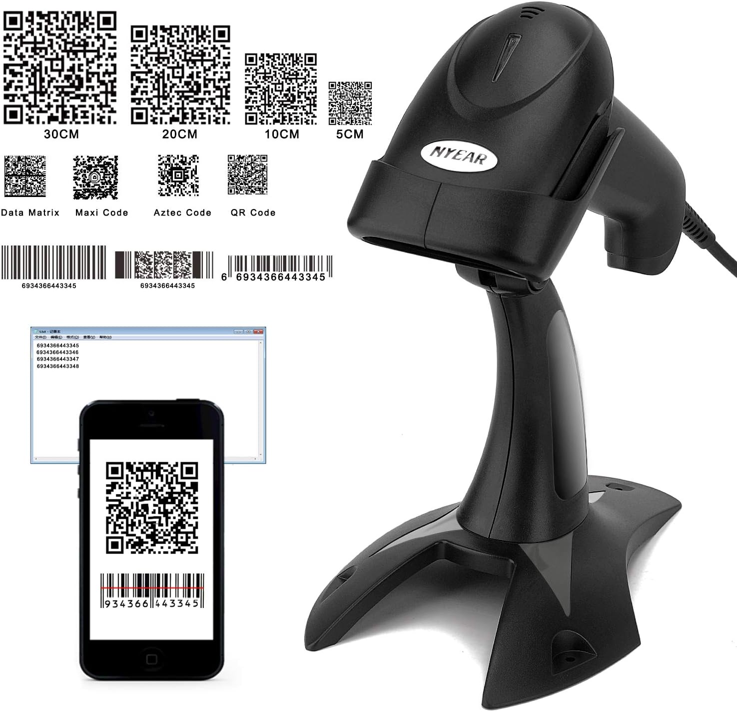 TYEARS Wired Barcode Scanner with Stand, for 1D 2D QR Code,Compatible with andriod, iOS & Windows,Work with iPhone,Tablet and pc (Wired+Stand+2D)