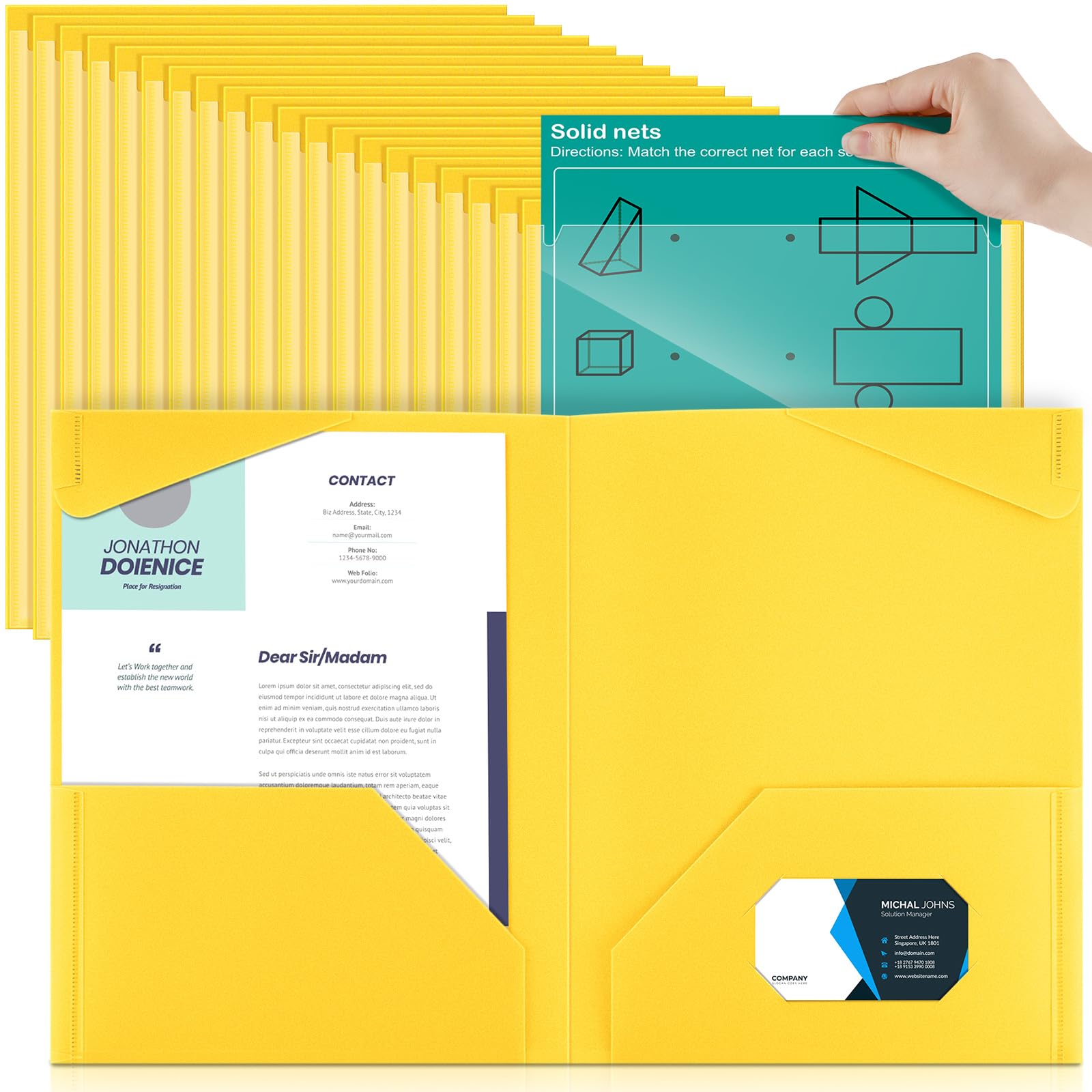 Photo 1 of Henoyso 60 Pcs Plastic Folders with Clear Front Pockets Heavy Duty File Folders with 2 Pockets and Card Slot for Student Communication School Office Presentation Report (Yellow)