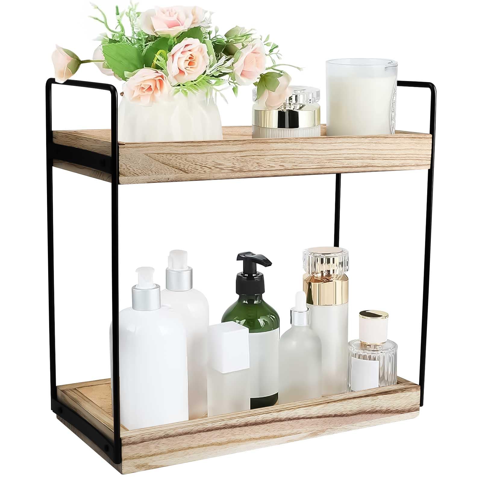 BigKing Bathroom Organizer Countertop, No Drilling 2-Tier Wood Bathroom Standing Shelf, Storage Counter Shelf for Bathroom Kitchen Dressing Table