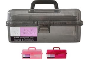 GLAMCOUTURE 13-inch Beauty Organizer, Three-Layer Makeup Case, Hard Plastic Makeup Box, Clear Cosmetic Case, Expandable Case for Arts, Crafts, Medicine box, Jewellery case, Tackle Box (Black)