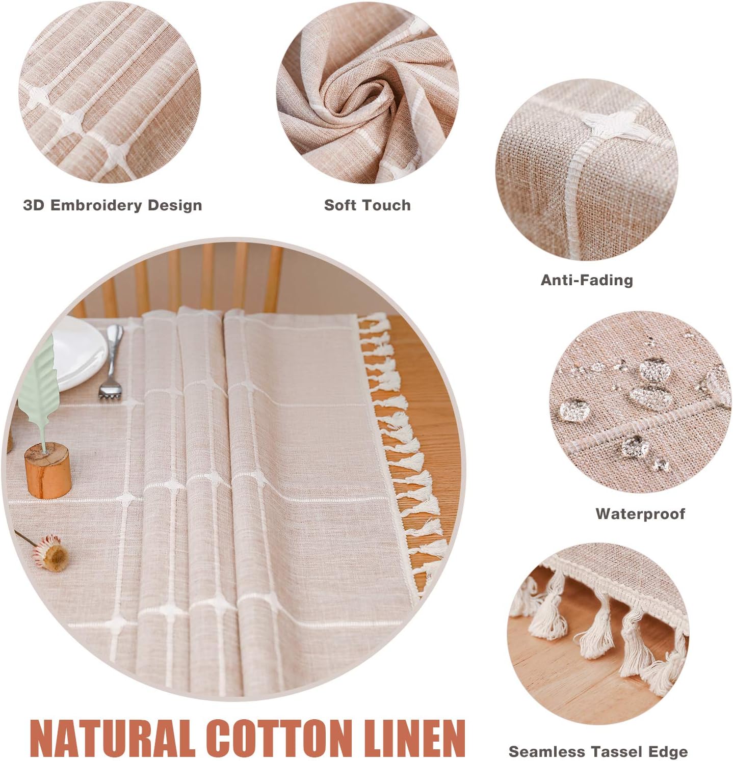 Vonabem Table Cloth Tassel Cotton Linen Table Cover for Kitchen Dinning Wrinkle Free Table Cloths Square (58''x58'', 4 Seats, Light Brown): Kitchen & Dining