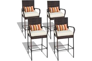 Sundale Outdoor Wicker Bar Stool Set of 4, Patio Counter Height Pub Chair with Arms, High Top Rattan Barstool, Cushion Beige, All-Weather Outdoor Rattan Furniture - Steel, Brown