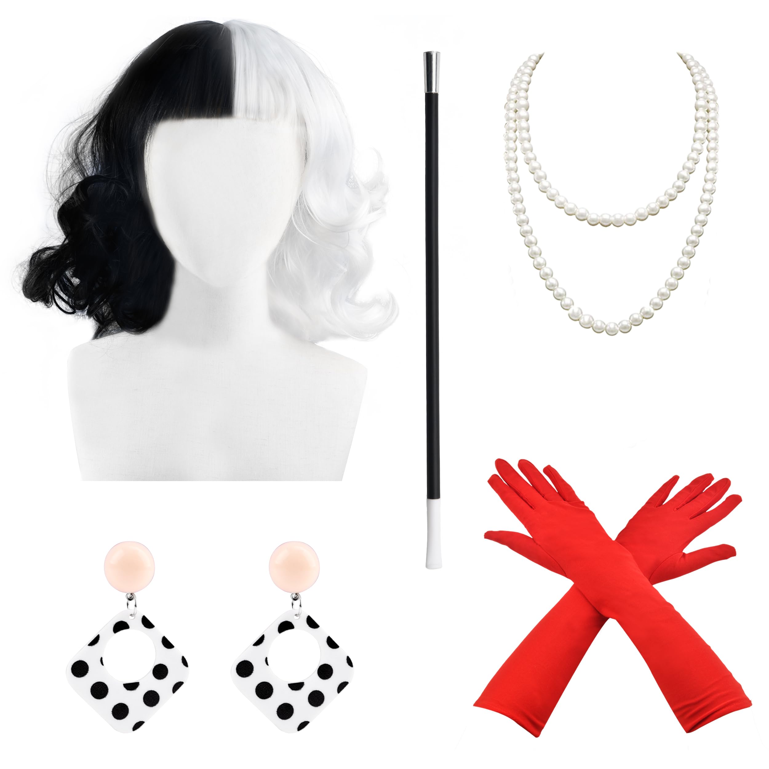 Embravfire 6PCS Black and White Deville Wig Short Wavy Deville Cosplay with Red Gloves, Pearl Necklace and Earrings Black and White Curly Bob Wig for Women 1920s Halloween Cosplay, Wold Book Day