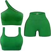 OLCHEE Womens 3 Piece Workout Sets - Seamless Ribbed Yoga Outfits Sports Bra One Shoulder Top Biker Shorts Gym Athletic Cloth