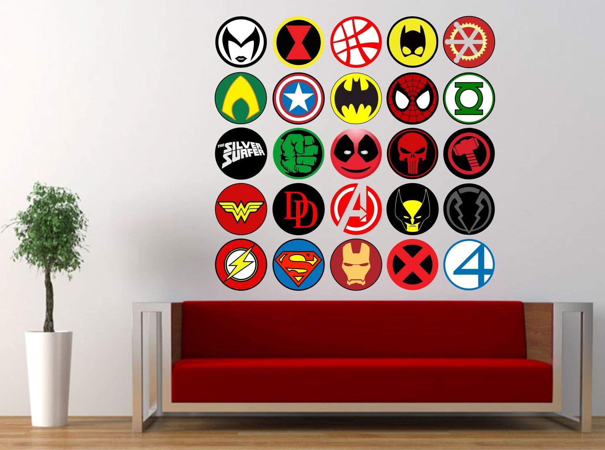 Superheroes Logos Wall Stickers 25 Pack Superman Spiderman Batman Captain America Green Lantern Flash kit Decal Deadpool Catwoman Hulk (Medium Sheet 75CM sq (Each Logo 13CM))
