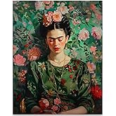 Frida Kahlo in Green Frida Inspired 11x14 Unframed Print Playful Floral Portrait Vibrant Green Dress Feminine Expression Botanical Folk Style Colorful Art for Gallery Walls Living Rooms Studios