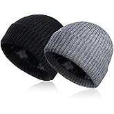 LOVUITEN 2 Pcs Beanie for Women Men, Soft Satin Lined Winter Hats for Women, Slouchy Beanies Knit Hats Cuffed Cap for Cold Weather (Black+Gray)
