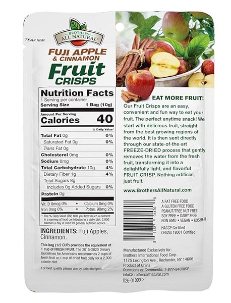 BROTHERS ALL NATURAL FREEZE DRIED FRUIT CRISPS, FUJI APPLE & CINNAMON, 0.35 OZ (PACK OF 12), MADE WITH 100% FRUIT, GLUTEN FREE, SOY FREE, VEGAN, HEALTHY SNACK, LUNCH BOX READY