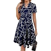 Mokayee Womens Summer Short Sleeve V Neck Fit and Flare A Line Business Casual Wedding Guest Work Dresses with Pockets