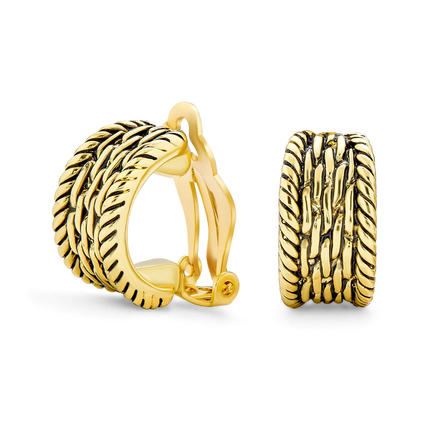 Twisted Cable Chain Weave Wide Half Hoop Clip Earrings On Button Style Non Pierced Ears Oxidized Gold Plated Brass — image 1