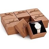 Juvale Bracelet Gift Box 6-Pack - 3.5 x 3.5 x 2.3 in, Brown Country-Rustic Cardboard - Velvet Pillow & Faux Leather Bow Lid - Tiny Jewelry Gift Boxes & Watch Packaging