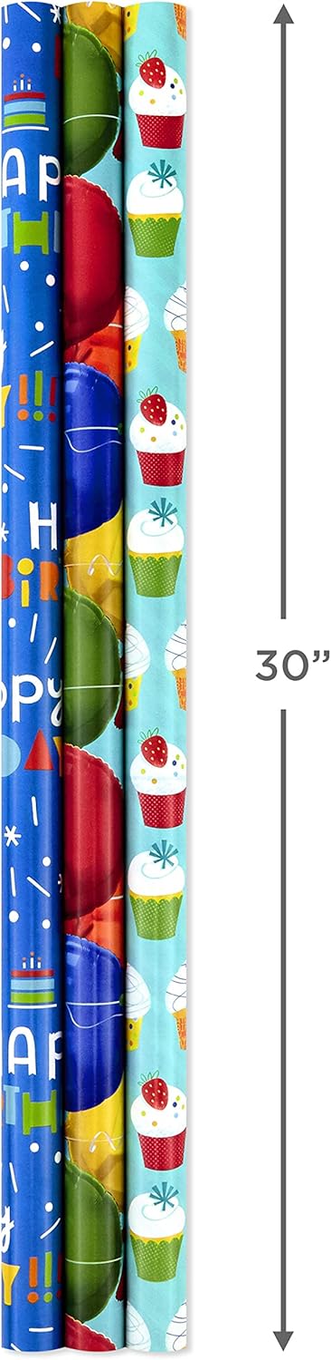 Hallmark All Occasion Reversible Wrapping Paper Bundle - Kids Birthday (3 Rolls - 75 sq. ft. ttl) Balloons, Stars, Cupcakes, Blue Stripes, Solid Red: Kitchen & Dining