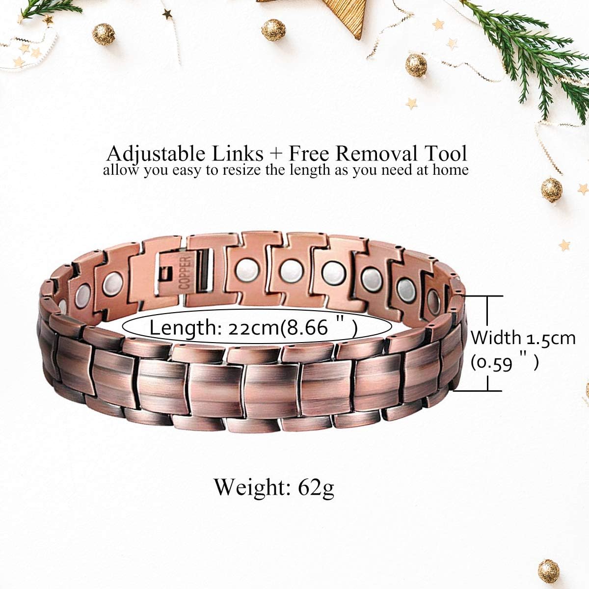 Feraco Solid Copper Bracelet for Men Arthritis Pain Relief Elegant 99.99% Pure Copper Jewelry Strong Magnetic Bracelets: Health & Personal Care