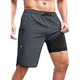 SILKWORLD Mens Swim Trunks with Compression Liner 9 Inch Long Bathing Suit 2 in 1 Beach Quick Dry Shorts with Pockets