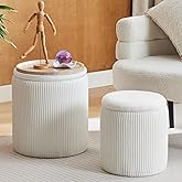 BLEXA Round Ottoman with Storage Set of 2-Upholstered Velvet Vanity Stool for MakeupMultifunctional Ottomans Coffee Table Padded Seat Foot Rest for Living Room&Bedroom(White-Upgrade Tray Lid)