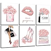 FRAMED Pink Makeup Room Canvas Wall Art, Fashion Woman Picture Wall Decor Paintings, Watercolor Perfume High Heels Lipstick Beauty Room Decor Pictures Arts for Girls Women Room Decor, (Set of 6, 8x10 in, Framed)