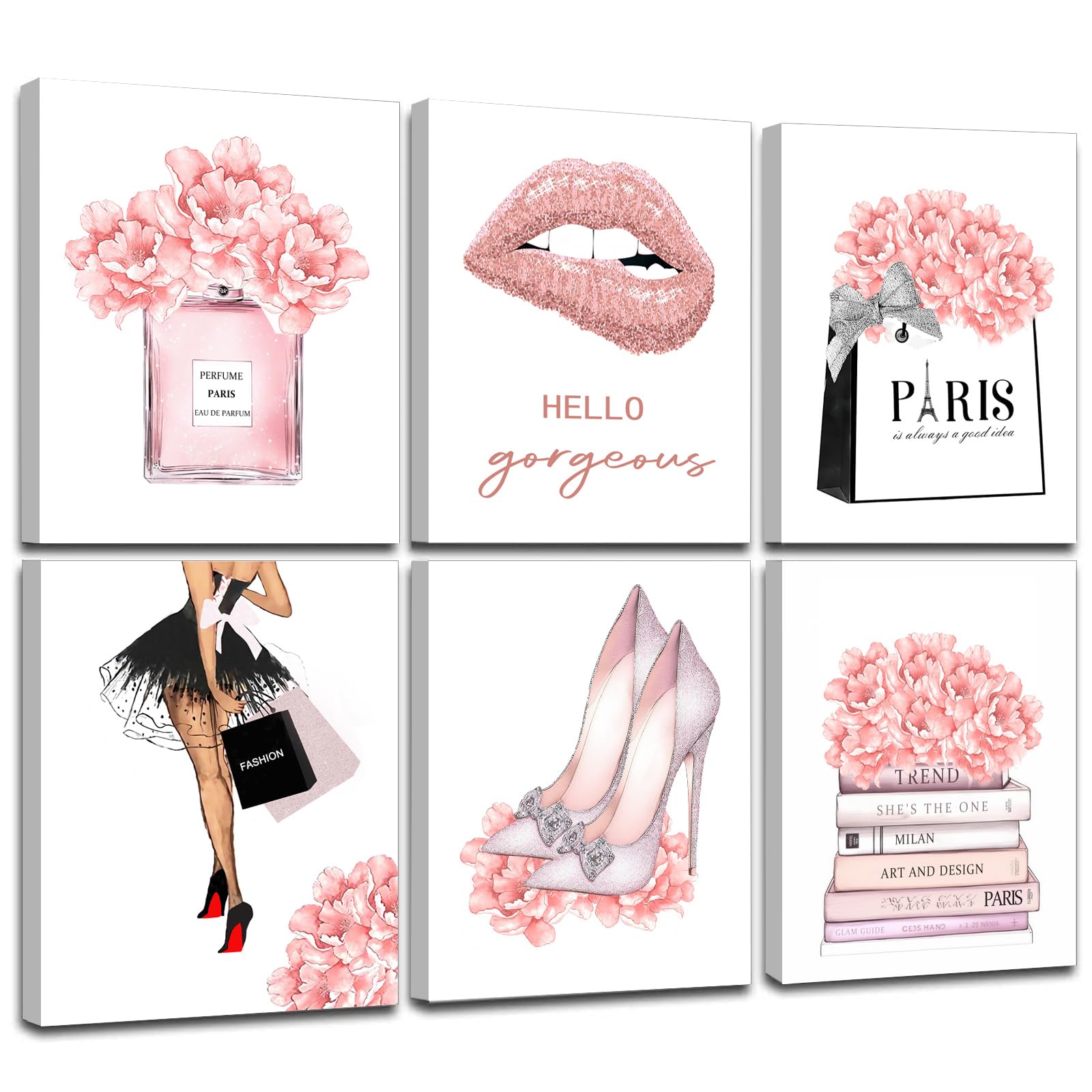Photo 1 of ***MISSING PIECES*** FRAMED Pink Makeup Room Canvas Wall Art, Fashion Woman Picture Wall Decor Paintings, Watercolor Perfume High Heels Lipstick Beauty Room Decor Pictures Arts for Girls Women Room Decor, (Set of 6, 8x10 in, Framed)