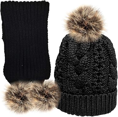 black pom pom hat and scarf