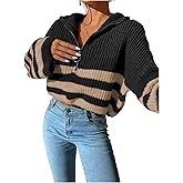 Milumia Women's Striped Color V Neck Crop Sweater Long Sleeve Drop Shoulder Pullover Tops Black and Brown Medium