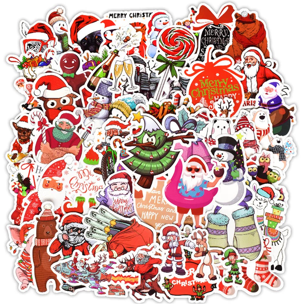 Christmas Vinyl Decal, 50 Sheets No-Repeat Cartoon Christmas Waterproof Decal Stickers for Cards Bags Boxes Scrapbook, Window, Glass, Tables, Cups, Luggage and Other Smooth Flat Surface.